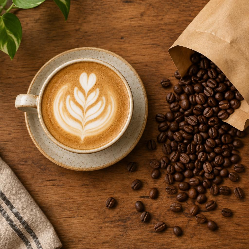 Flat white with latte art and fresh beans