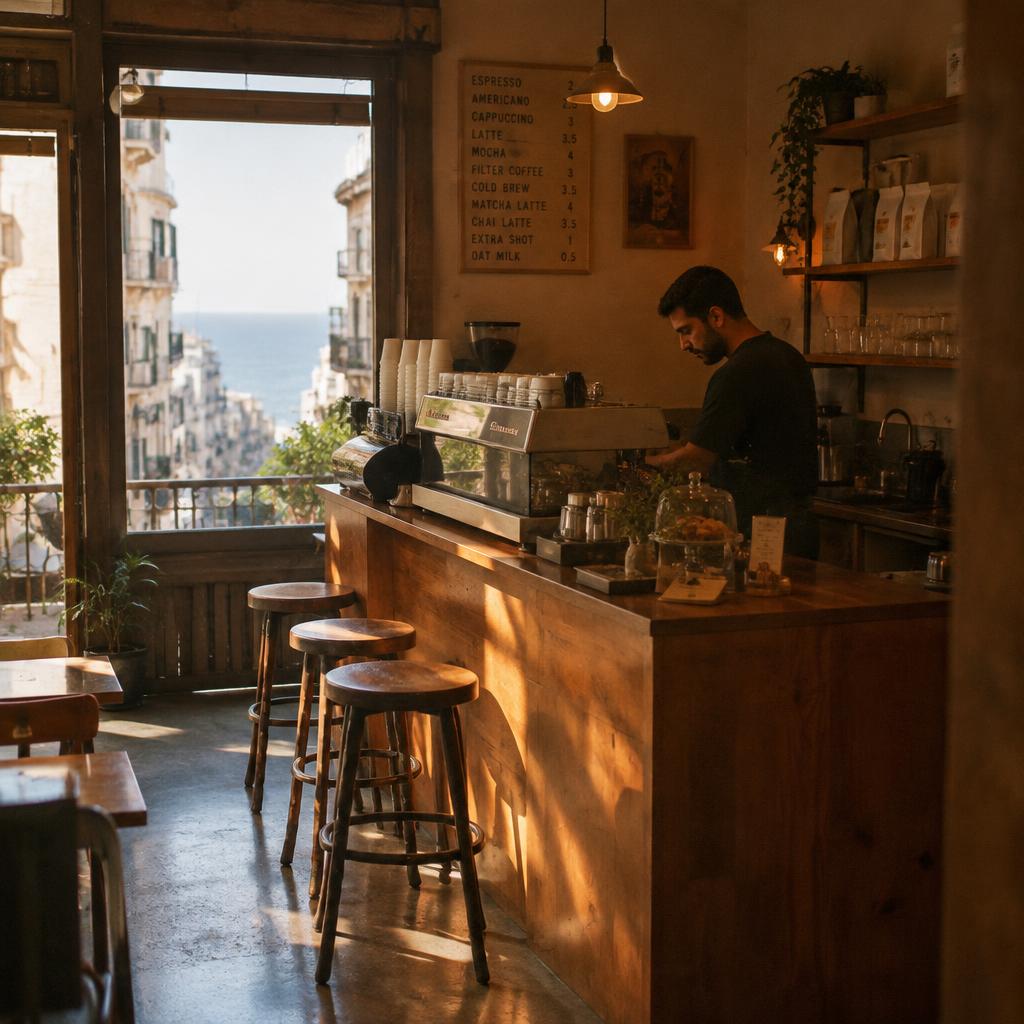 The coffee bar counter in afternoon light
